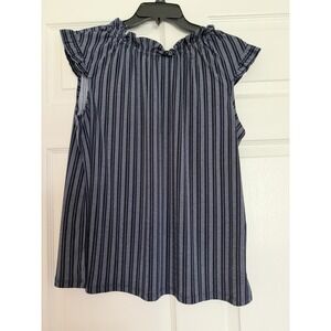 NWT Adrianna Papell Blouse Women M Navy White Striped Ruffle Flutter Sleeve Top